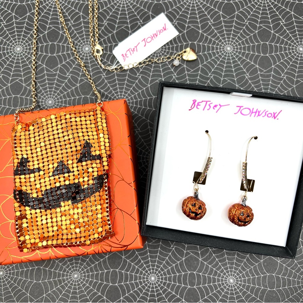 Betsey Johnson ‘Just Treats’ Pumpkin Mesh Necklace & Earring Set NWT/HTF!